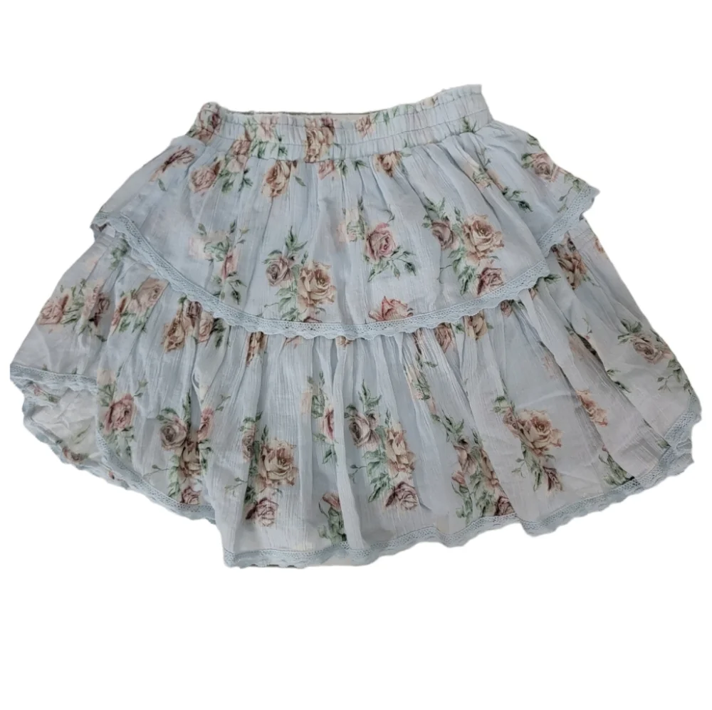 Loveshackfancy Ruffle Mini Skirt Blue Floral Size XS